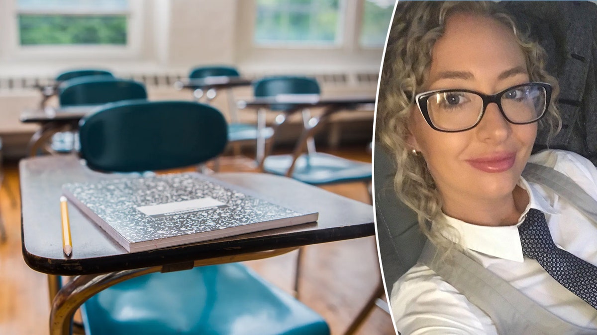 Учительница признает себя виновной в сексуальном насилии над 15-летней ученицей через несколько недель после родов: отчет Карли Рэй в разделенном изображении с пустой классной комнатой.